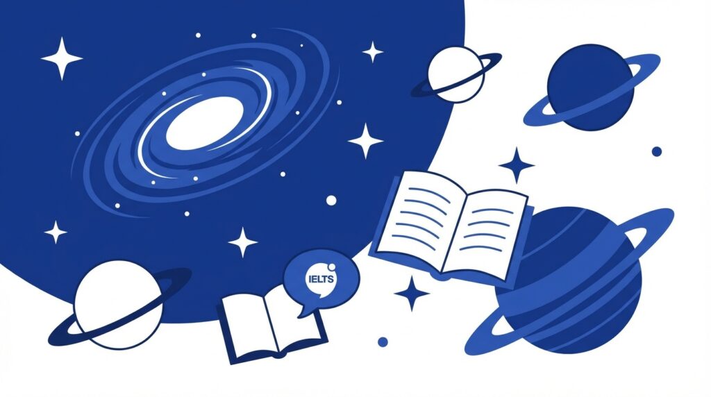 Illustration of deep space with galaxy and planets for IELTS Vocabulary lesson